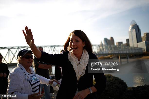 Alison Lundergan Grimes, Democratic candidate for the U.S. Senate, greets supporters at a campaign rally in Newport, Kentucky, U.S., on Monday, Nov....