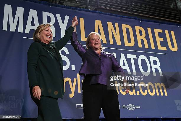 Former U.S. Secretary of State Hillary Clinton and U.S. Sen. Mary Landrieu greet supporters during the "Women with Mary Geaux Vote" event at the...