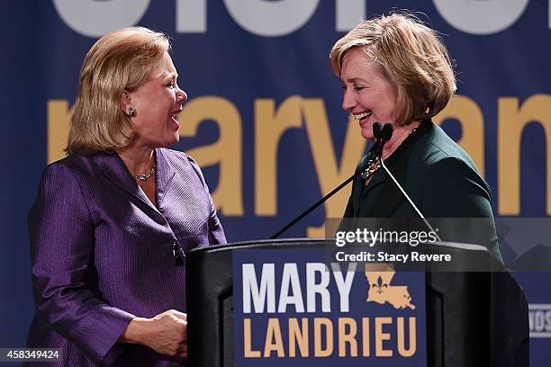 Sen. Mary Landrieu speaks with former Secretary of State Hillary Clinton during the "Women with Mary Geaux Vote" event at the Sugar Mill on November...