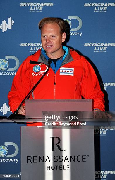 Daredevil Nik Wallenda holds a post-walk press conference at the Renaissance Hotel on November 02, 2014 in Chicago, Illinois.