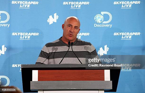 Jim Cantore from The Weather Channel speaks during the "Skyscraper Live with Nik Wallenda" press conference at the Dana Hotel And Spa on October 31,...