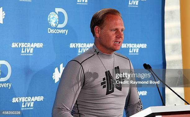 "The King of the Highwire, Nik Wallenda speaks during the "Skyscraper Live with Nik Wallenda" press conference at the Dana Hotel And Spa on October...