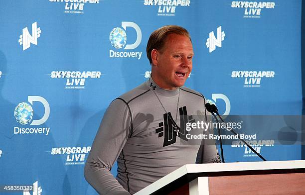 "The King of the Highwire, Nik Wallenda speaks during the "Skyscraper Live with Nik Wallenda" press conference at the Dana Hotel And Spa on October...