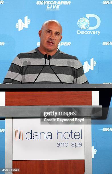 Jim Cantore from The Weather Channel speaks during the "Skyscraper Live with Nik Wallenda" press conference at the Dana Hotel And Spa on October 31,...