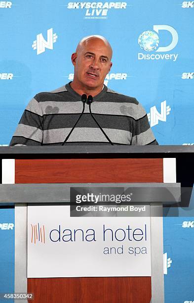 Jim Cantore from The Weather Channel speaks during the "Skyscraper Live with Nik Wallenda" press conference at the Dana Hotel And Spa on October 31,...
