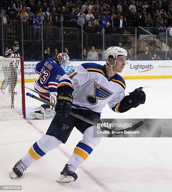 Vladimir Tarasenko of the St. Louis Blues celebrates his game winning shootout goal against the New York Rangers at Madison Square Garden on November...