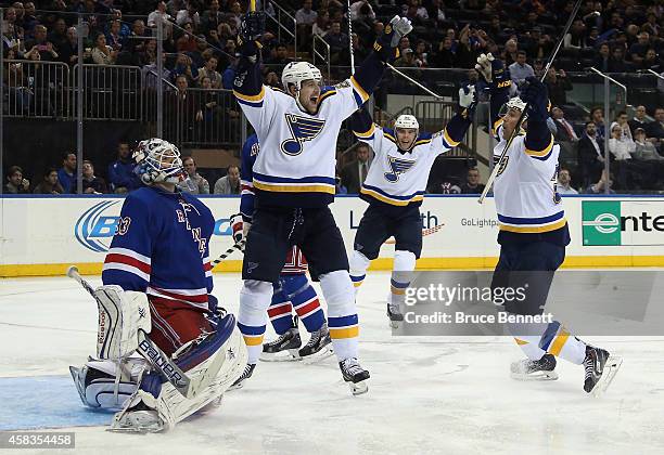 Patrik Berglund of the St. Louis Blues celebrates his goal at 3:50 of the first period against Cam Talbot of the New York Rangers at Madison Square...