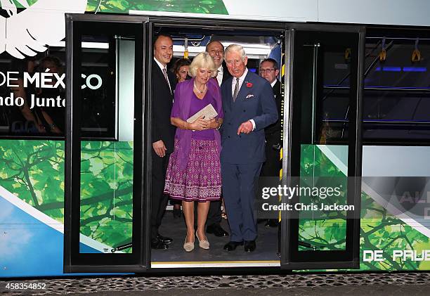 Prince Charles, Prince of Wales and Camilla, Duchess of Cornwall step off a British designed bus that will be used in the Mexico transport system at...