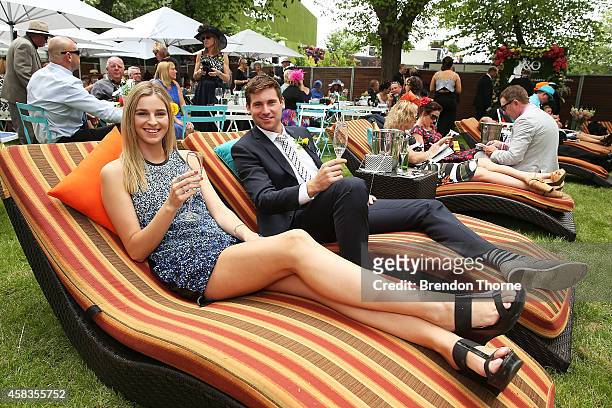 Guests pose inside the P&O Lawn as part of the Melbourne Cup at Flemington racecourse on November 4, 2014 in Melbourne, Australia. In the biggest...