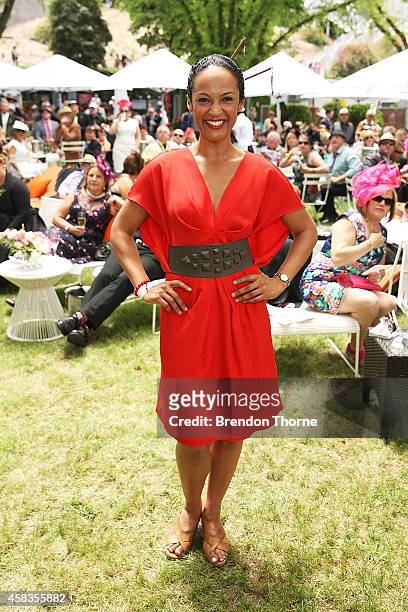 Personality Nuala Hafner poses inside the P&O Lawn as part of the Melbourne Cup at Flemington racecourse on November 4, 2014 in Melbourne, Australia....