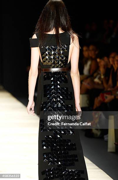 Detail of the clothing on the runway at the Tufi Duek fashion show during Sao Paulo Fashion Week Winter 2015 at Parque Candido Portinari on November...