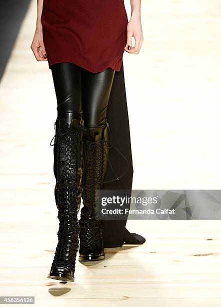 Detail of the clothing on the runway at the Tufi Duek fashion show during Sao Paulo Fashion Week Winter 2015 at Parque Candido Portinari on November...