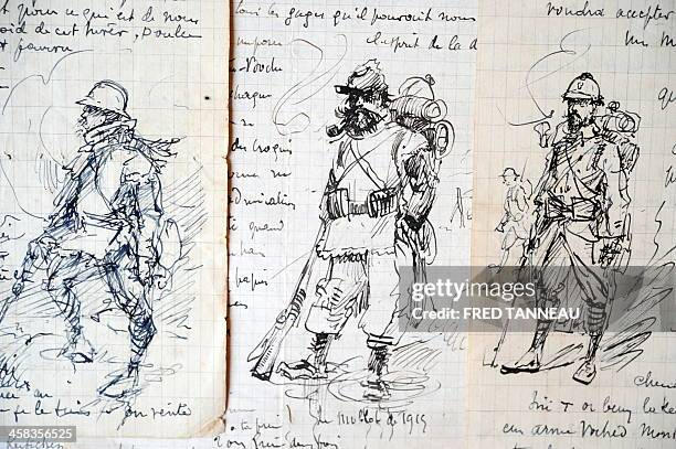 Picture taken on November 3, 2010 in Sibril, western France, shows unpublished sketches drawn by priest Jean-Marie Conseil, who was corporal and a...