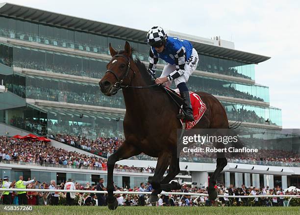 Ryan Moore rides Protectionist to win the Emirates Melbourne Cup on Melbourne Cup Day at Flemington Racecourse on November 4, 2014 in Melbourne,...