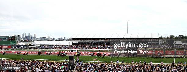 Ryan Moore rides Protectionist to win race 7, the Melbourne Cup on Melbourne Cup Day at Flemington Racecourse on November 4, 2014 in Melbourne,...