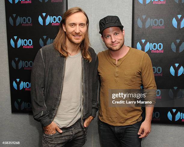 David Guetta and DJ Valentine at Y 100 radio Station on November 3, 2014 in Miami, Florida.