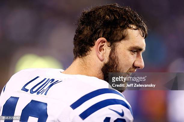 Andrew Luck of the Indianapolis Colts looks on against the New York Giants during their game at MetLife Stadium on November 3, 2014 in East...