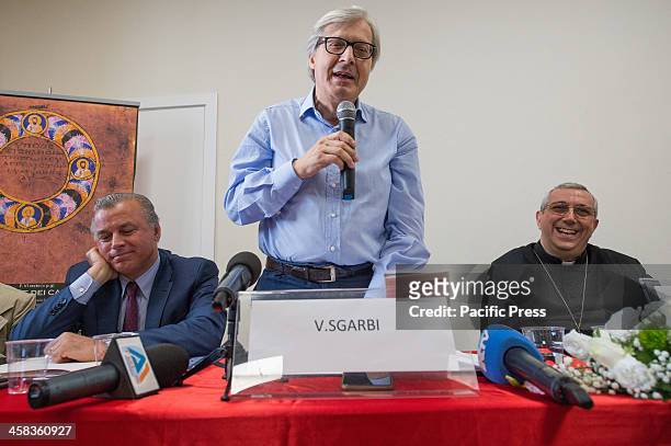 The Mayor of Rossano Stefano Mascaro , Vittorio Sgarbi famous Art Critic and the bishop Giuseppe Satriano during the press conference for the return...