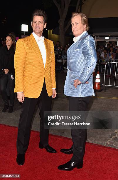 Actors Jim Carrey and Jeff Daniels arrive at the premiere of Universal Pictures and Red Granite Pictures' "Dumb And Dumber To" on November 3, 2014 in...