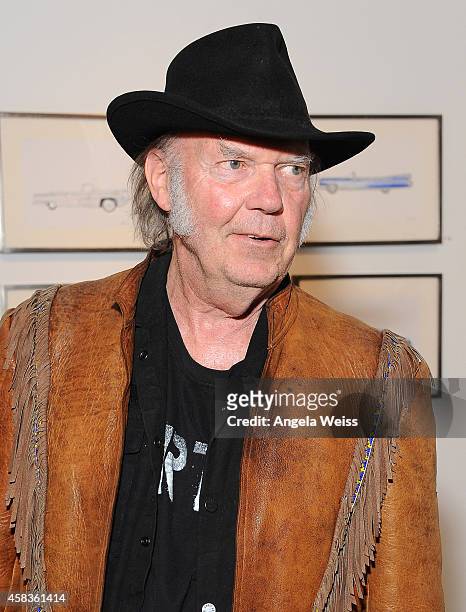 Musician Neil Young attends his opening night reception for "Special Deluxe" Art Exhibition at Robert Berman Gallery on November 3, 2014 in Santa...