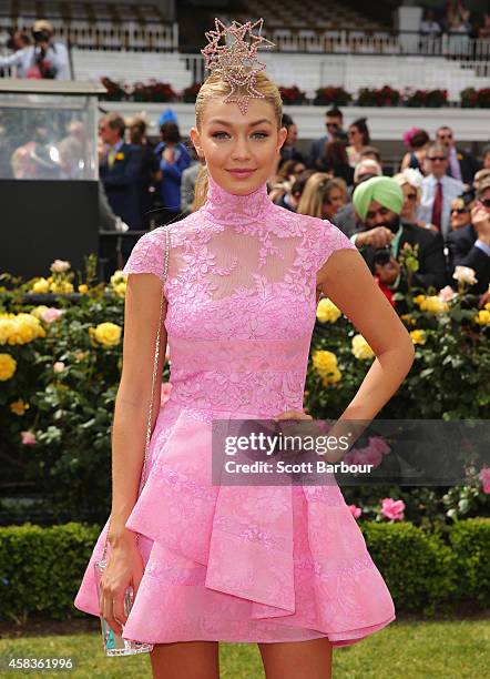 Model Gigi Hadid poses on Melbourne Cup Day at Flemington Racecourse on November 4, 2014 in Melbourne, Australia.