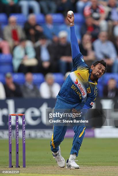 Suranga Lakmal of Sri Lanka bowls during the 5th ODI Royal London One Day International match between England and Sri Lanka at SWALEC Stadium on July...