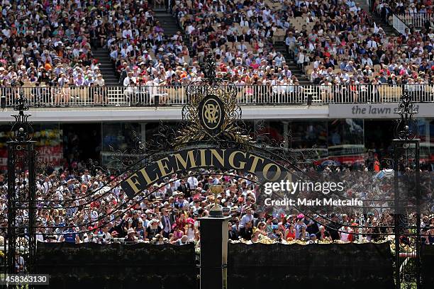 General view of the crowd in the grandstands on Melbourne Cup Day at Flemington Racecourse on November 4, 2014 in Melbourne, Australia.