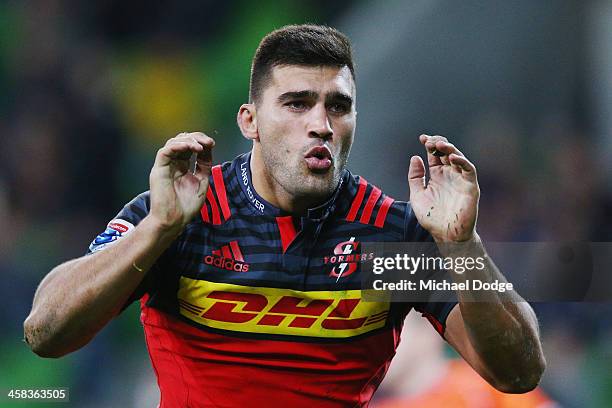 Damian de Allende of the Stormers celebrates after scoring a try during the round 15 Super Rugby match between the Rebels and the Stormers at AAMI...