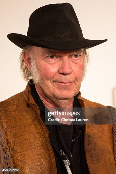 Musician / artist Neil Young attends his opening night reception for "Special Deluxe" at Robert Berman Gallery on November 3, 2014 in Santa Monica,...