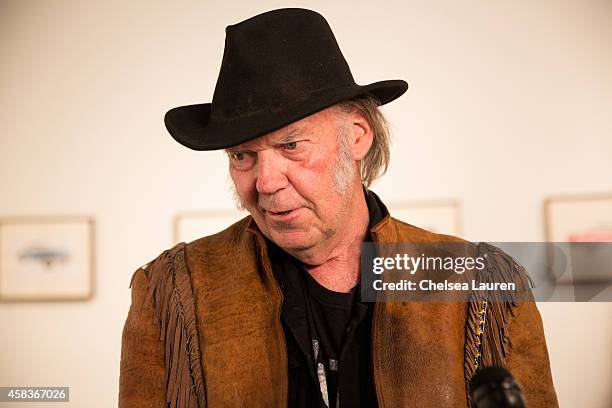 Musician / artist Neil Young attends his opening night reception for "Special Deluxe" at Robert Berman Gallery on November 3, 2014 in Santa Monica,...