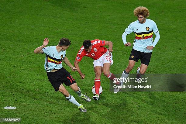 Hal Robson-Kanu of Wales turns Thomas Meunier and Marouane Fellaini of Belgium inside out as he scores his team'a 2nd goal during the UEFA EURO 2016...