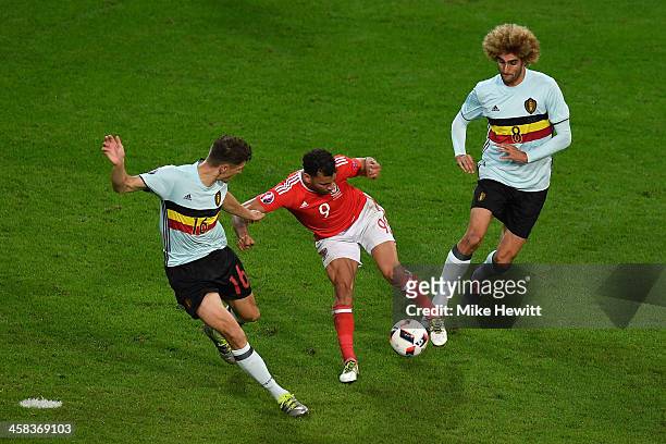 Hal Robson-Kanu of Wales turns Thomas Meunier and Marouane Fellaini of Belgium inside out as he scores his team'a 2nd goal during the UEFA EURO 2016...