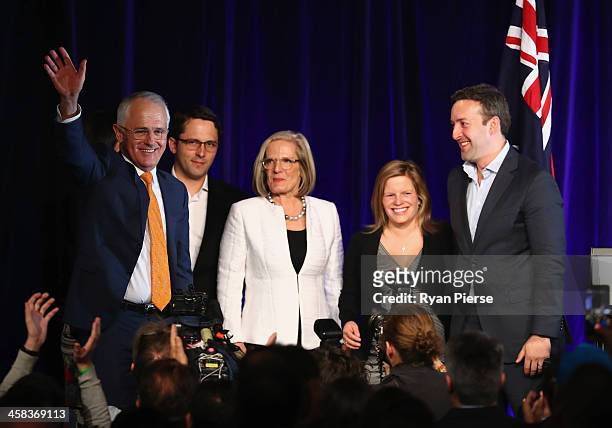 Malcolm Turnbull greets Liberal party supporters with wife Lucy Turnbull , son Alex Turnbull, daughter Daisy Turnbull Brown her husband James Brown...