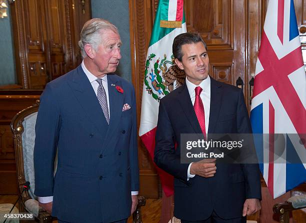 Prince Charles, Prince of Wales is welcomed by Mexican President Enrique Pena Nieto at the Palacio National on November 3, 2014 in Mexico City,...