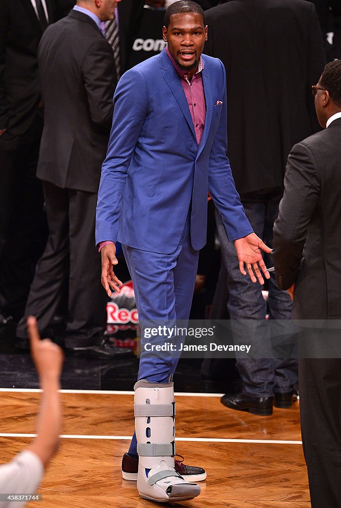 Celebrities Attend The Oklahoma City Thunder Vs Brooklyn Nets Game - November 3, 2014