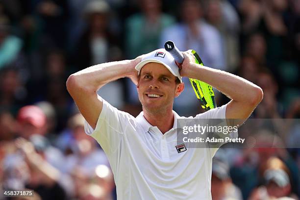 Sam Querrey of The United States celebrates victory during the Men's Singles third round match against Novak Djokovic of Serbia on day six of the...