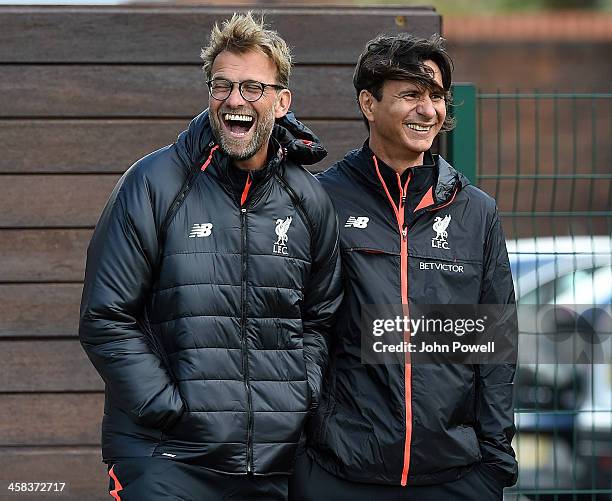 Jurgen Klopp manager of Liverpool and Zeljko Buvac first team coach of Liverpool during the first day back at training at Melwood Training Ground on...