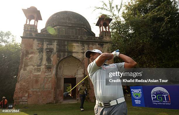 Rahil Gangjee of India plays a shot during practice ahead of the Panasonic Open India at Delhi Golf Club on November 4, 2014 in New Delhi, India.