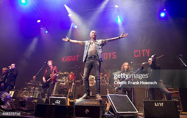 Dieter Hertrampf, Claudius Dreilich, Dieter Birr, Toni Krahl, Peter Rasym and Georgi Gogow of the German bands Karat, Puhdys and City perform live...