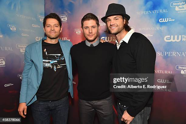 Actors Misha Collins, Jensen Ackles and Jared Padalecki attend the CW's Fan Party to Celebrate the 200th episode of "Supernatural" on November 3,...