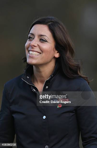 Gail Davis the Sky Sports News reporter looks on during the England media session held at Pennyhill Park on November 4, 2014 in Bagshot, England.