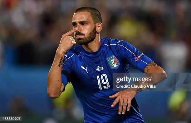 Leonardo Bonucci of Italy celebrates scoring his team's first goal from the penalty spot during the UEFA EURO 2016 quarter final match between...