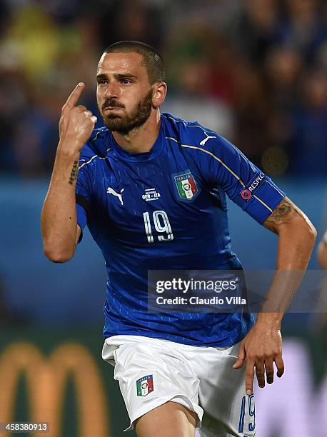 Leonardo Bonucci of Italy celebrates scoring his team's first goal from the penalty spot during the UEFA EURO 2016 quarter final match between...