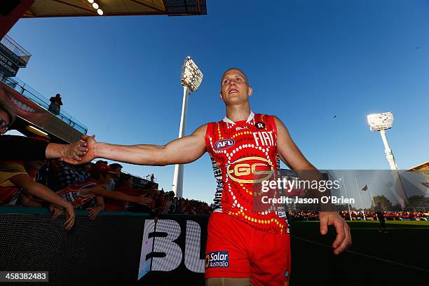 Gary Ablett of the suns celebrates during the round 15 AFL match between the Gold Coast Suns and the St Kilda Saints at Metricon Stadium on July 2,...