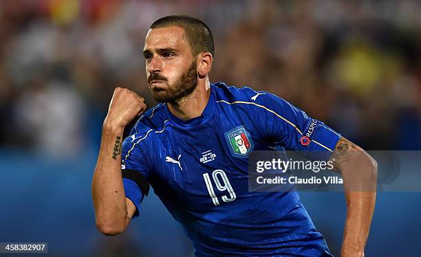 Leonardo Bonucci of Italy celebrates scoring his team's first goal from the penalty spot during the UEFA EURO 2016 quarter final match between...