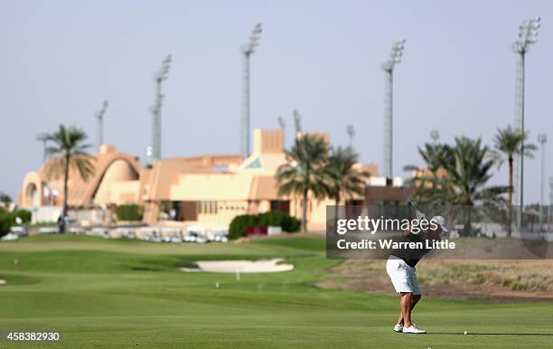 Lee Corfield of England plays his second shot inot the 18th green en route to winning the MENA Golf Tour Championship at Al Ain Equestrian, Shooting...