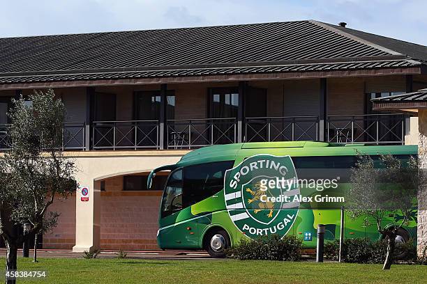 The team bus is pictured during a Sporting Club de Portugal training session ahead of their UEFA Champions League Group G match against FC Schalke 04...