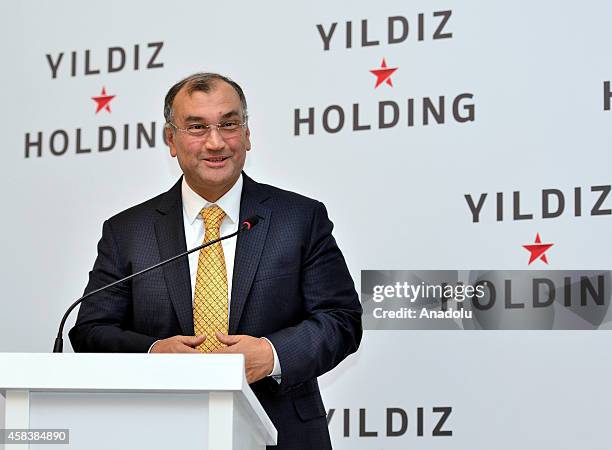 Chairman of the Yildiz Holding Murat Ulker delivers a speech on the purchasing process of the United Biscuits during a press conference in Istanbul,...