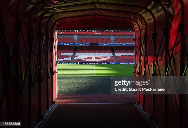 View from the players tunnel at Emirates Stadium before the UEFA Champions League match between Arsenal and Anderlecht on November 4, 2014 in London,...