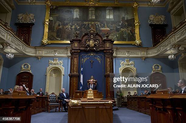 French President Francois Hollande speaks during the Quebec Parliament, on November 4, 2014 in Quebec City, as part of a three day state visit to...